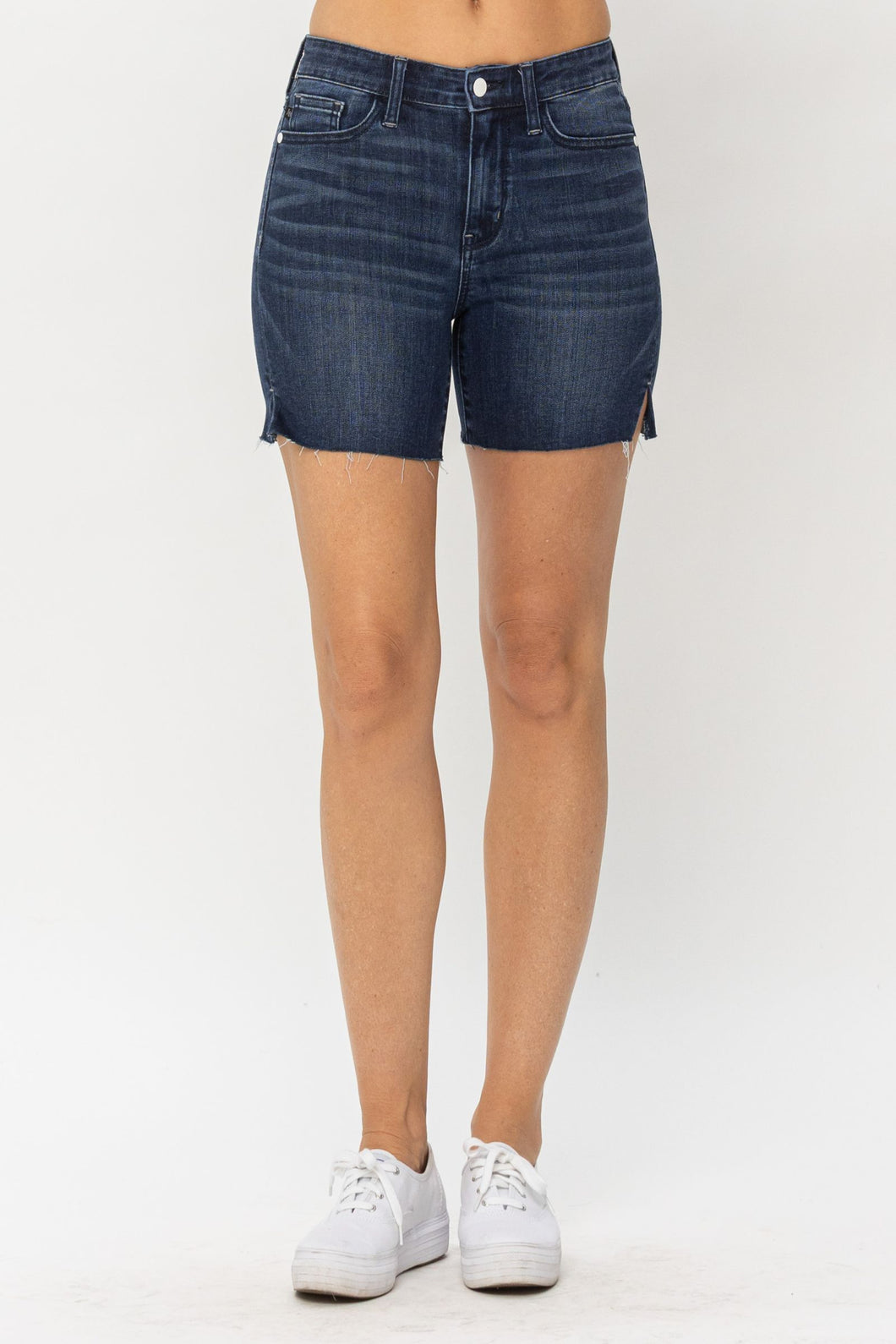 JUDY BLUE Dark Wash Mid Length Cut Off Shorts