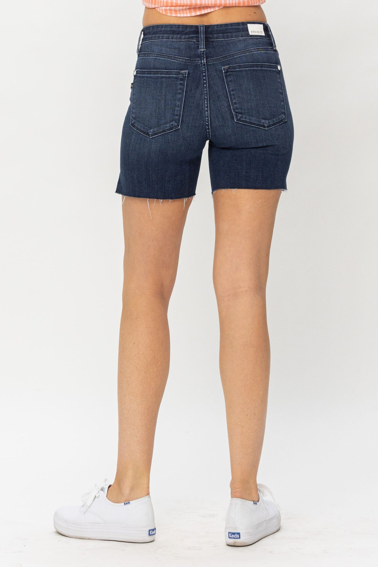 JUDY BLUE Dark Wash Mid Length Cut Off Shorts