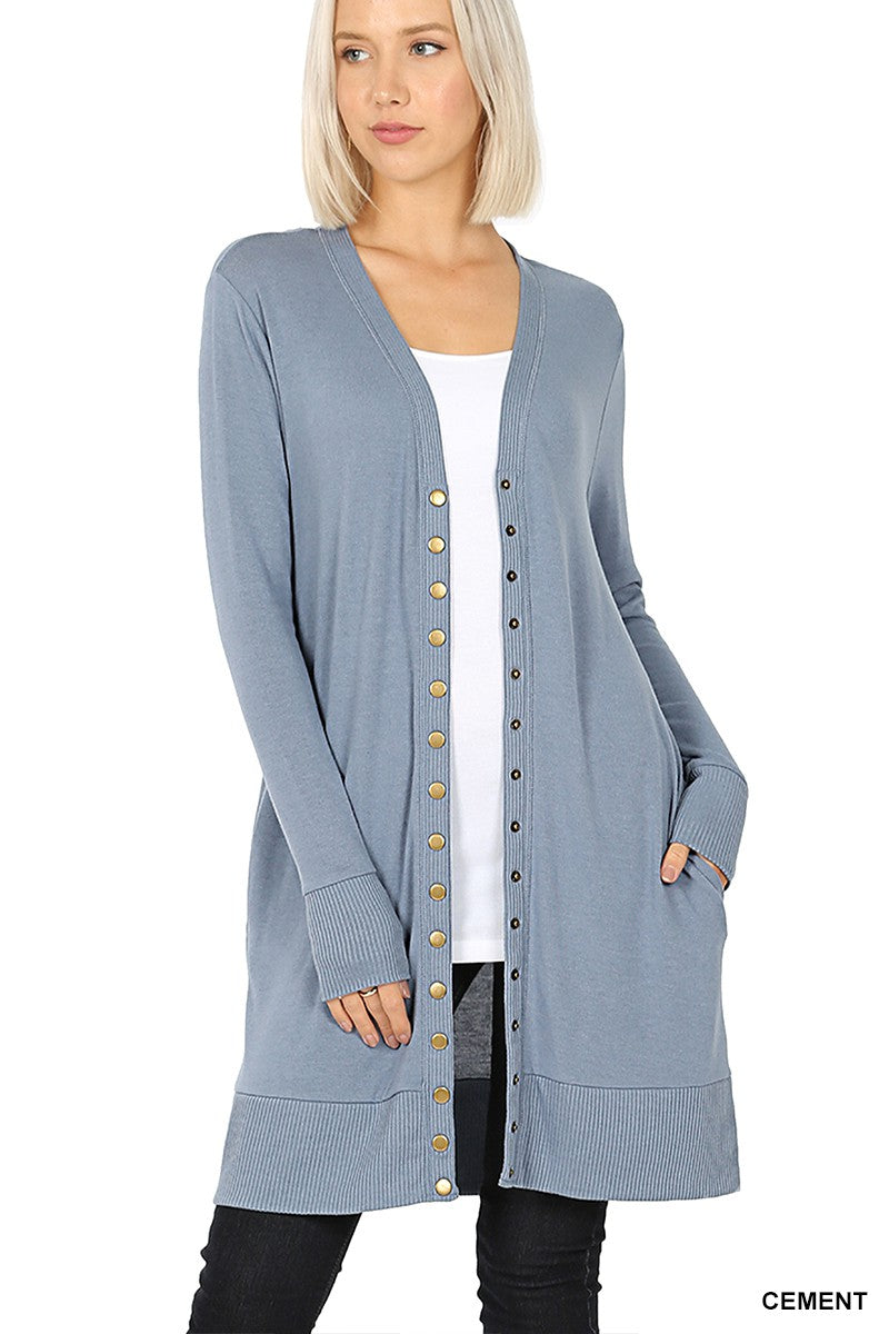 Thigh Length Snap Front Cardigan - Cement