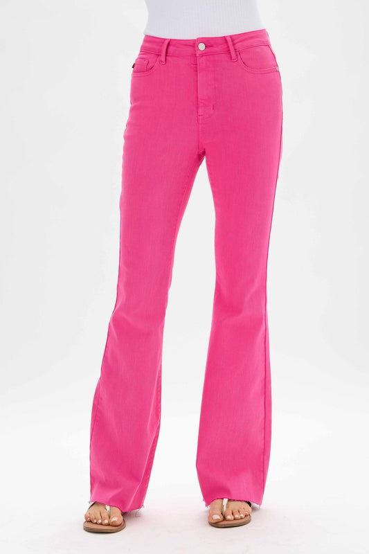 JUDY BLUE Hot Pink Cut Hem Flare Jeans