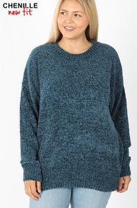 Curvy Chenille Round Neck Sweater - Teal