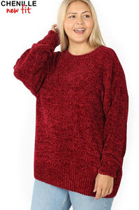 Curvy Chenille Round Neck Sweater - Cabernet