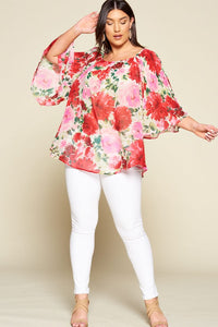 Curvy Floral Pleated Bell Sleeve Top