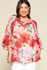 Curvy Floral Pleated Bell Sleeve Top