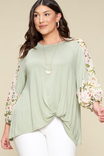 Floral Sleeve Curvy Top with Twist