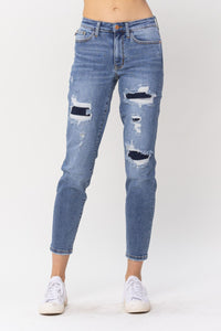 JUDY BLUE Navy Patch Distressed Jeans