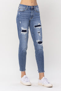 JUDY BLUE Navy Patch Distressed Jeans