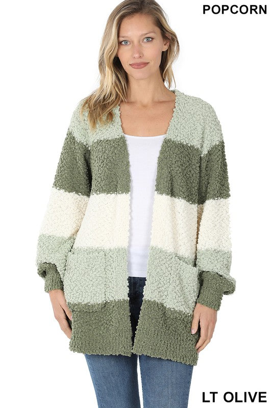 Colorblock Popcorn Cardigan - LIGHT OLIVE