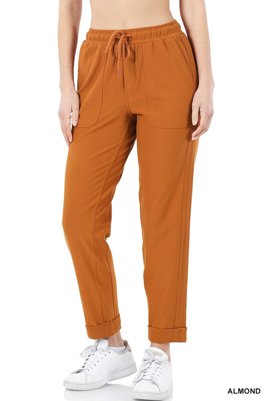 Drawstring Cuffed Hem Pants - ALMOND