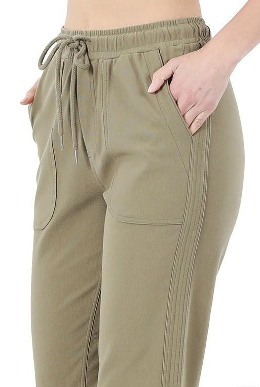 Drawstring Cuffed Hem Pants - LIGHT OLIVE