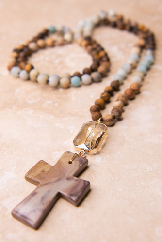 Natural Stone Necklace with Bold Cross