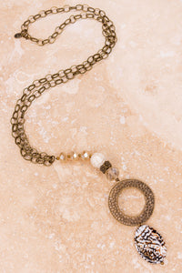 Long Necklace with Round Pendant and Polished Stone