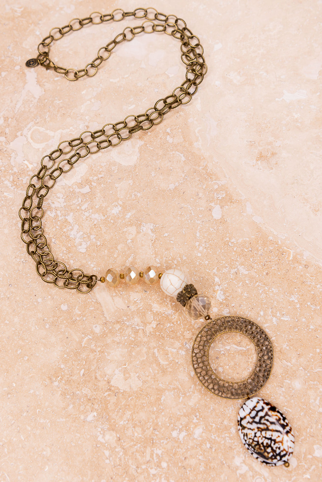 Long Necklace with Round Pendant and Polished Stone