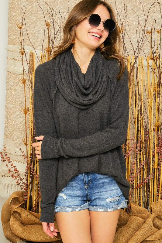 Cozy Curvy Brushed Cowl Neck Top - CHARCOAL