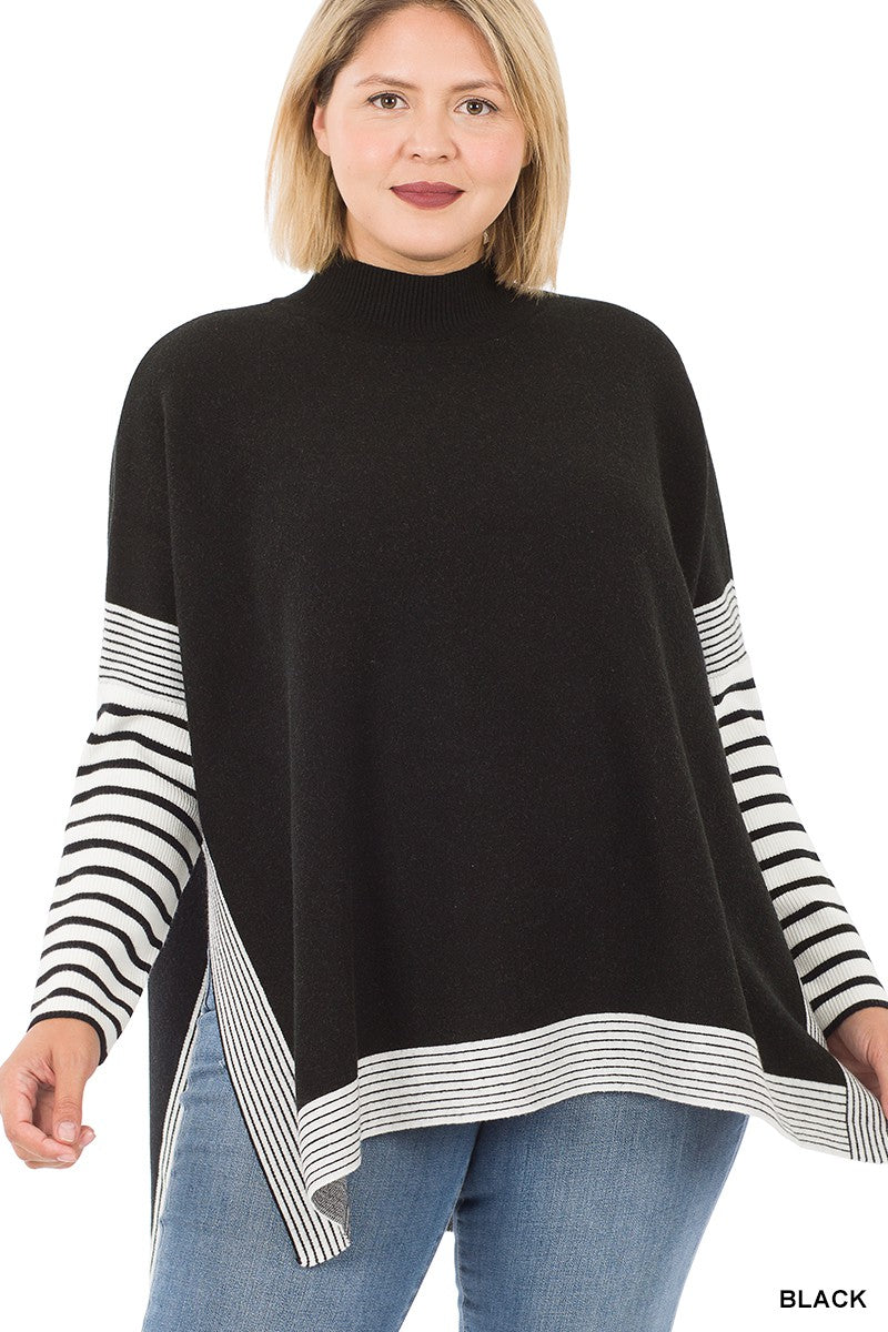 Striped Curvy Mock Neck Sweater - BLACK