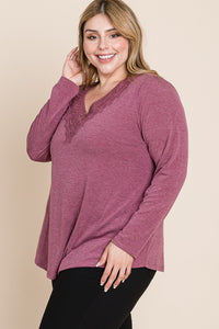 Curvy Lace Trimmed V Neck Top