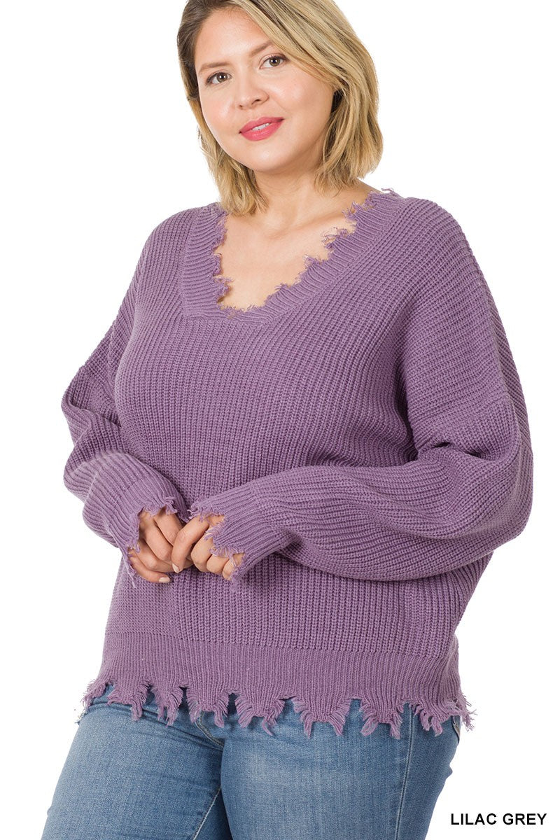 Curvy Solid Distressed Sweater - LILAC GRAY