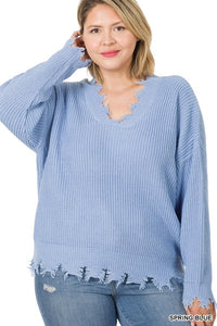 Curvy Solid Distressed Sweater - SPRING BLUE
