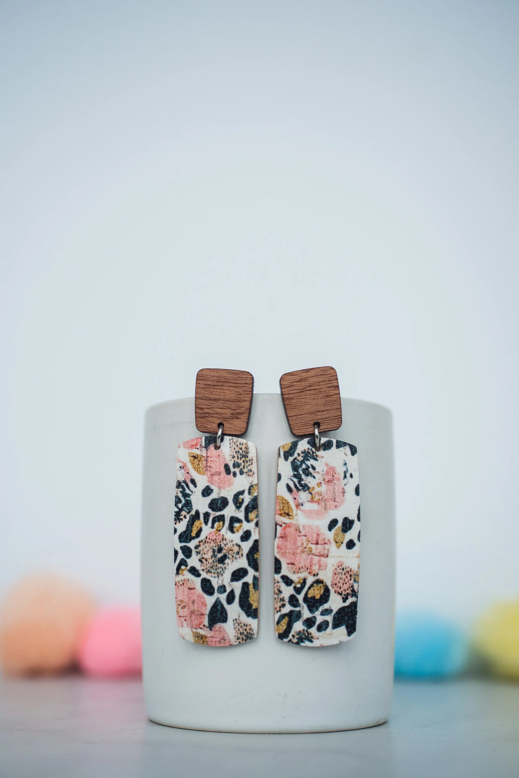 Blush Leopard Floral Leather and Wood Earrings