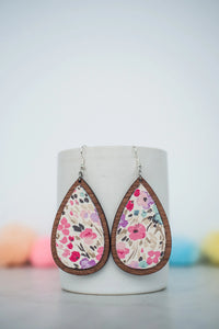 Dreamy Floral Leather and Wood Teardrop Earrings
