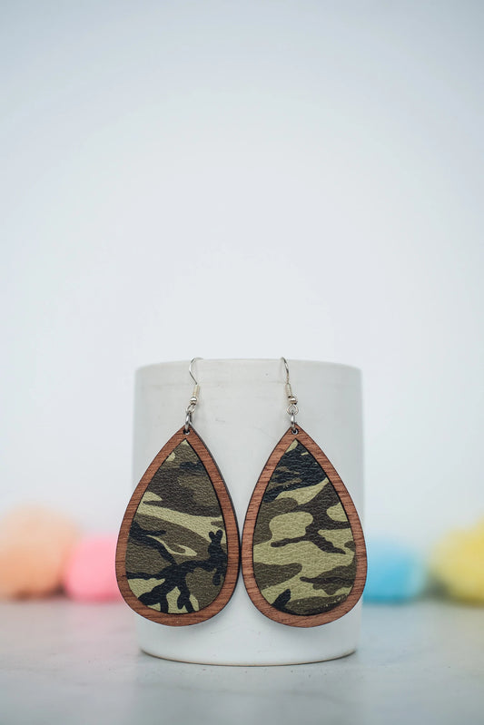 Camo Leather and Wood Teardrop Earrings