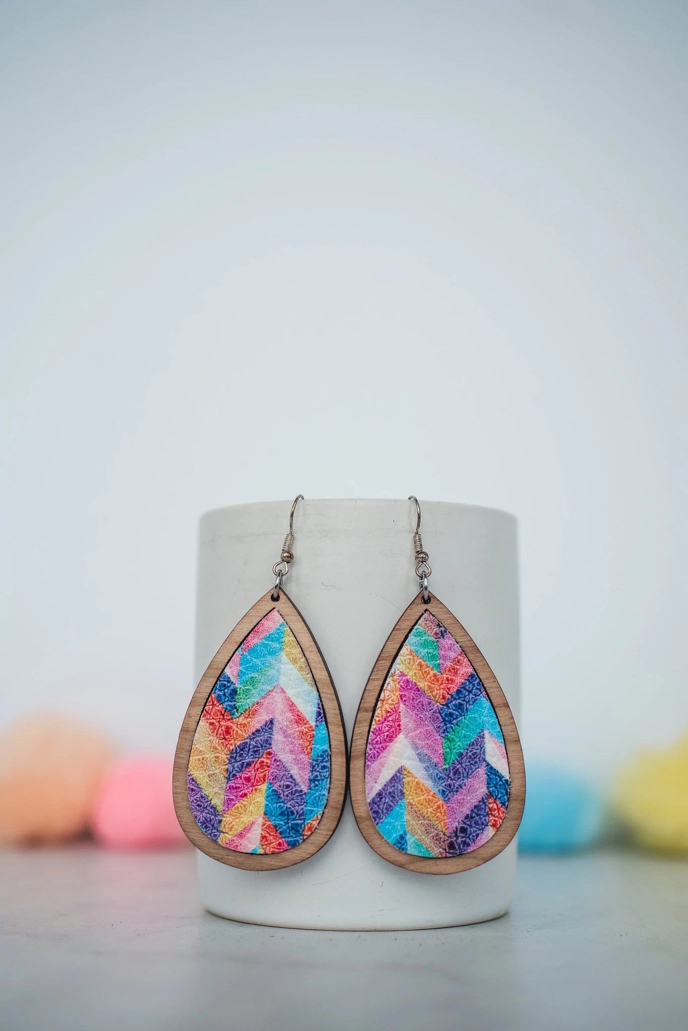 Multi Herringbone Leather and Wood Teardrop Earrings