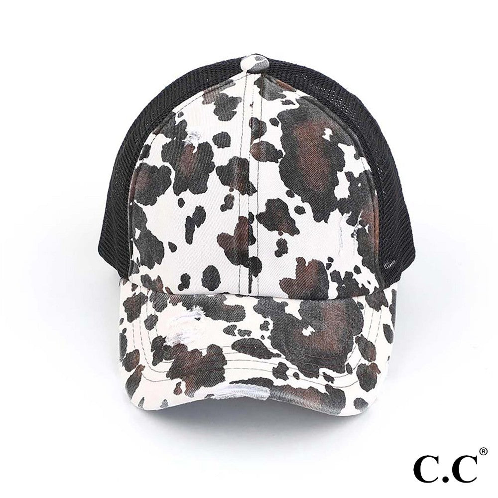 C.C. Distressed Cow Print Cap with Mesh