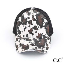 Load image into Gallery viewer, C.C. Distressed Cow Print Cap with Mesh