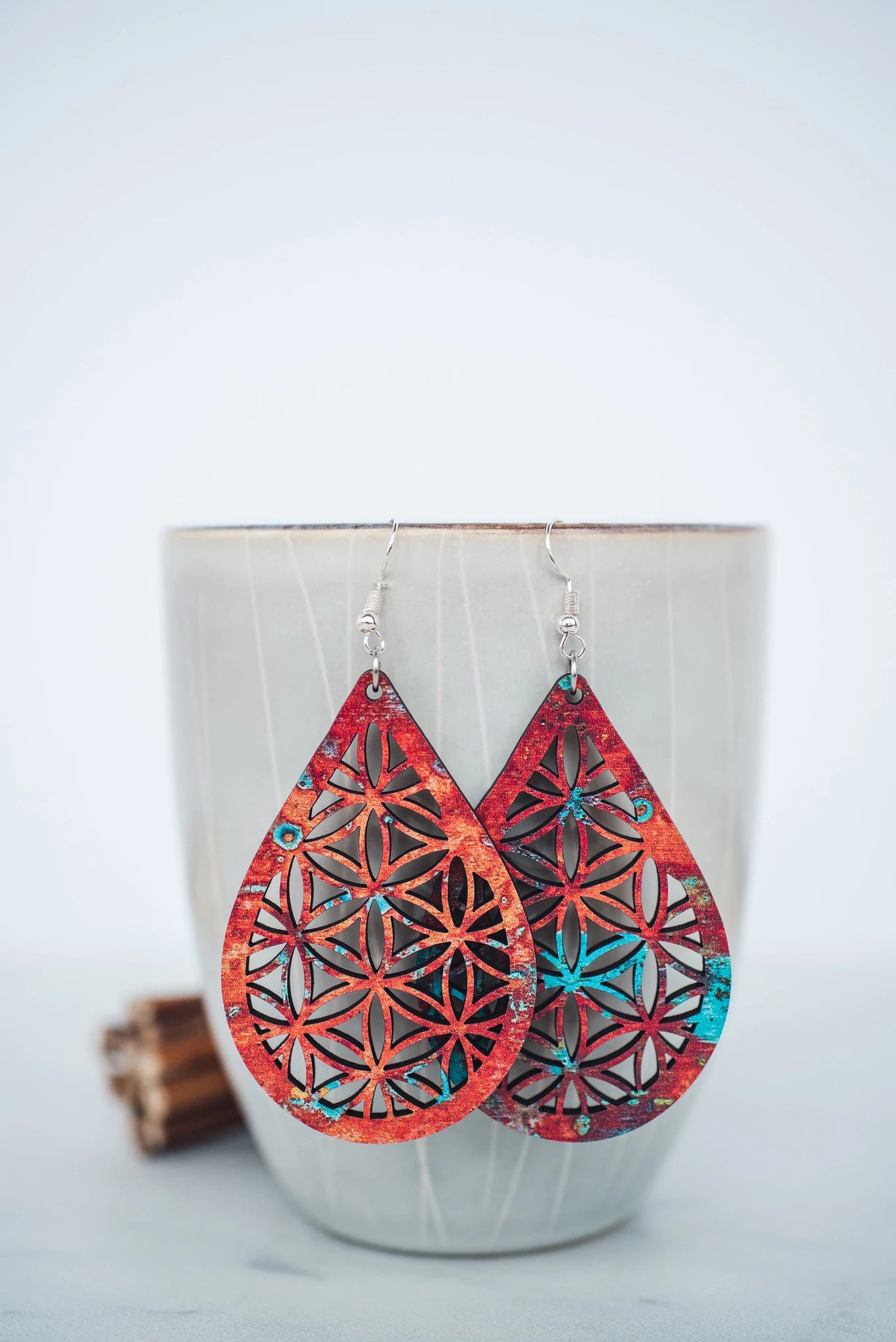 Copper Patina Mandala Wood Earrings