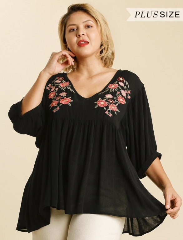 Embroidered Curvy V Neck Flowy Top