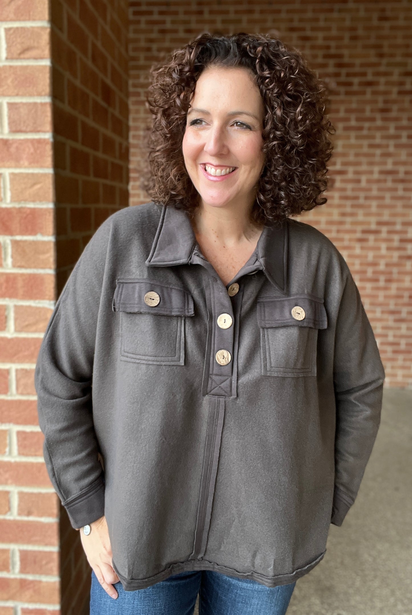 Fuzzy Collared Button Front Top