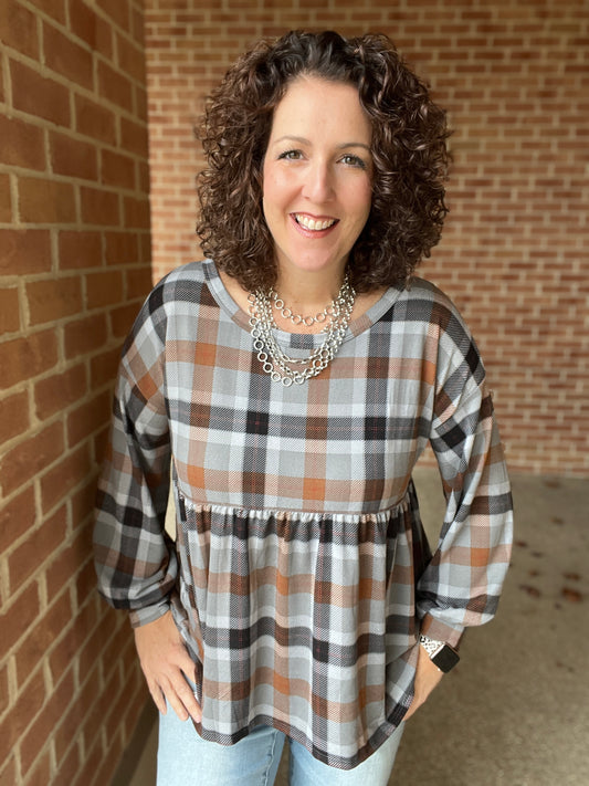 Neutral Plaid Peplum Top