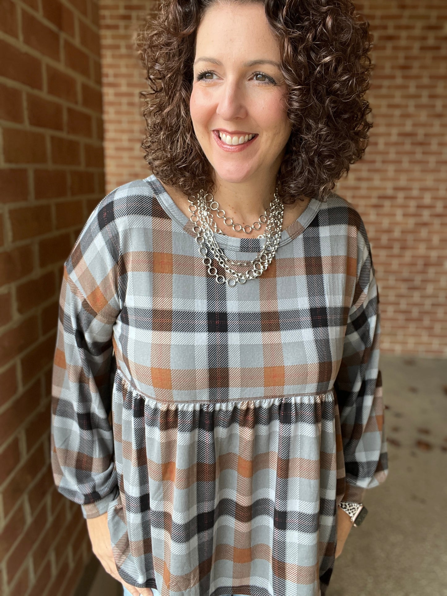 Neutral Plaid Peplum Top