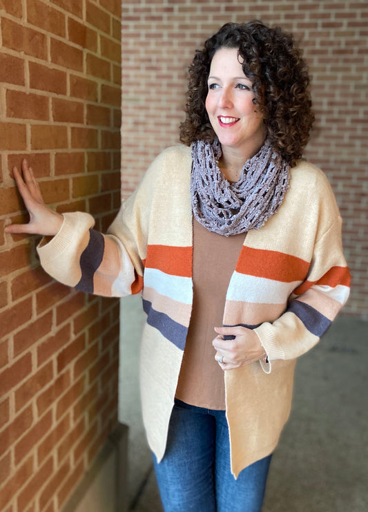 Multi Stripe Open Cardigan with Puff Sleeves