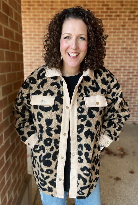 Leopard Sherpa Jacket with Contrast Placket