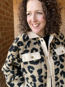 Leopard Sherpa Jacket with Contrast Placket