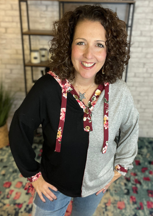 Color Block Top with Floral Hoodie