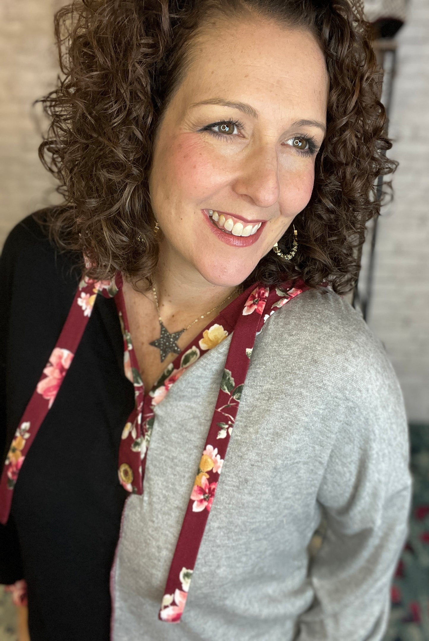 Color Block Top with Floral Hoodie