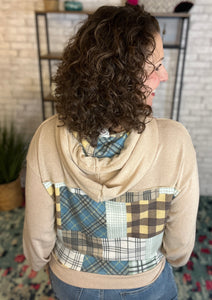 Patchwork Plaid Hoodie with Cutout Front