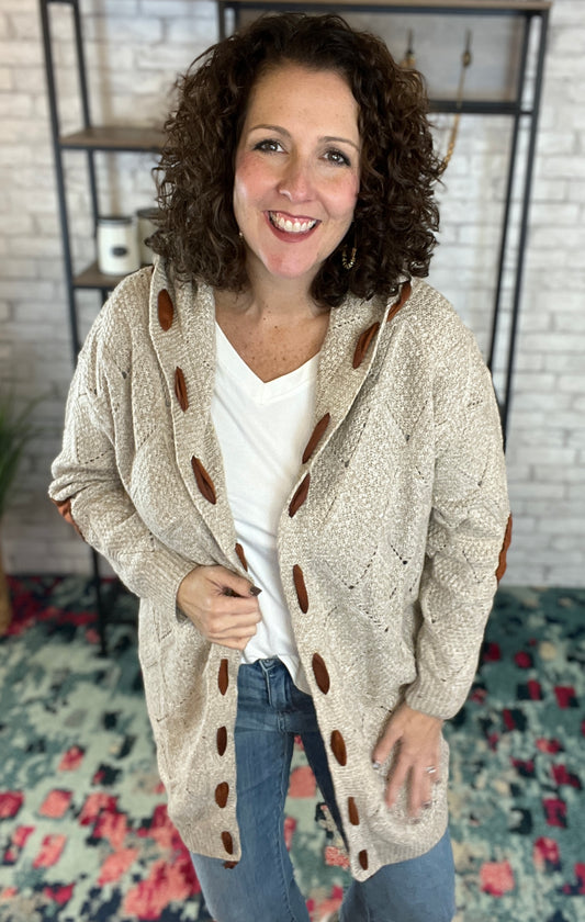 Cable Knit Cardigan with Suede Details