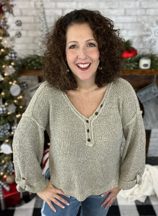 V Neck Sweater with Rolled Sleeves