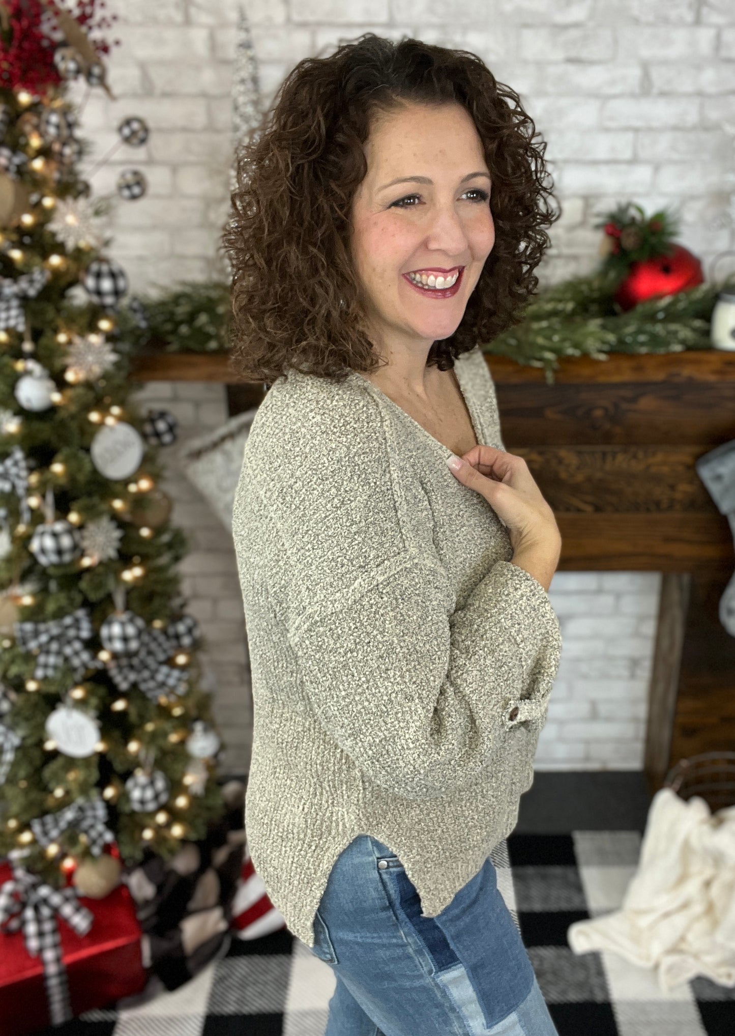 V Neck Sweater with Rolled Sleeves