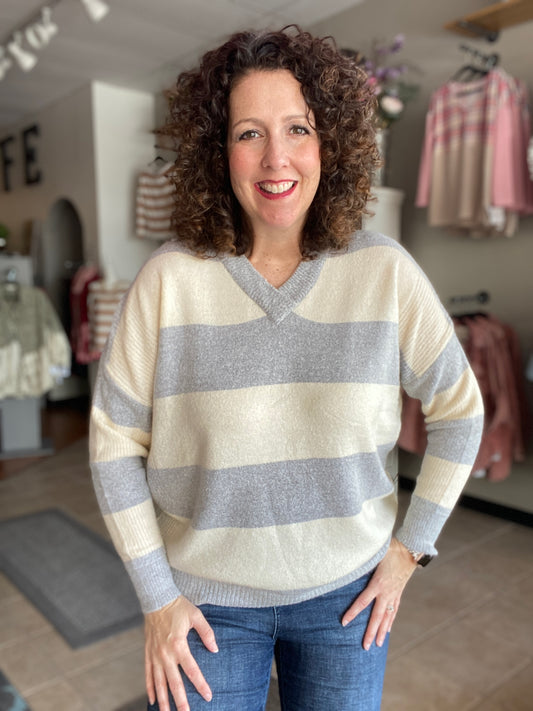 Rugby Stripe V-Neck Sweater - GRAY