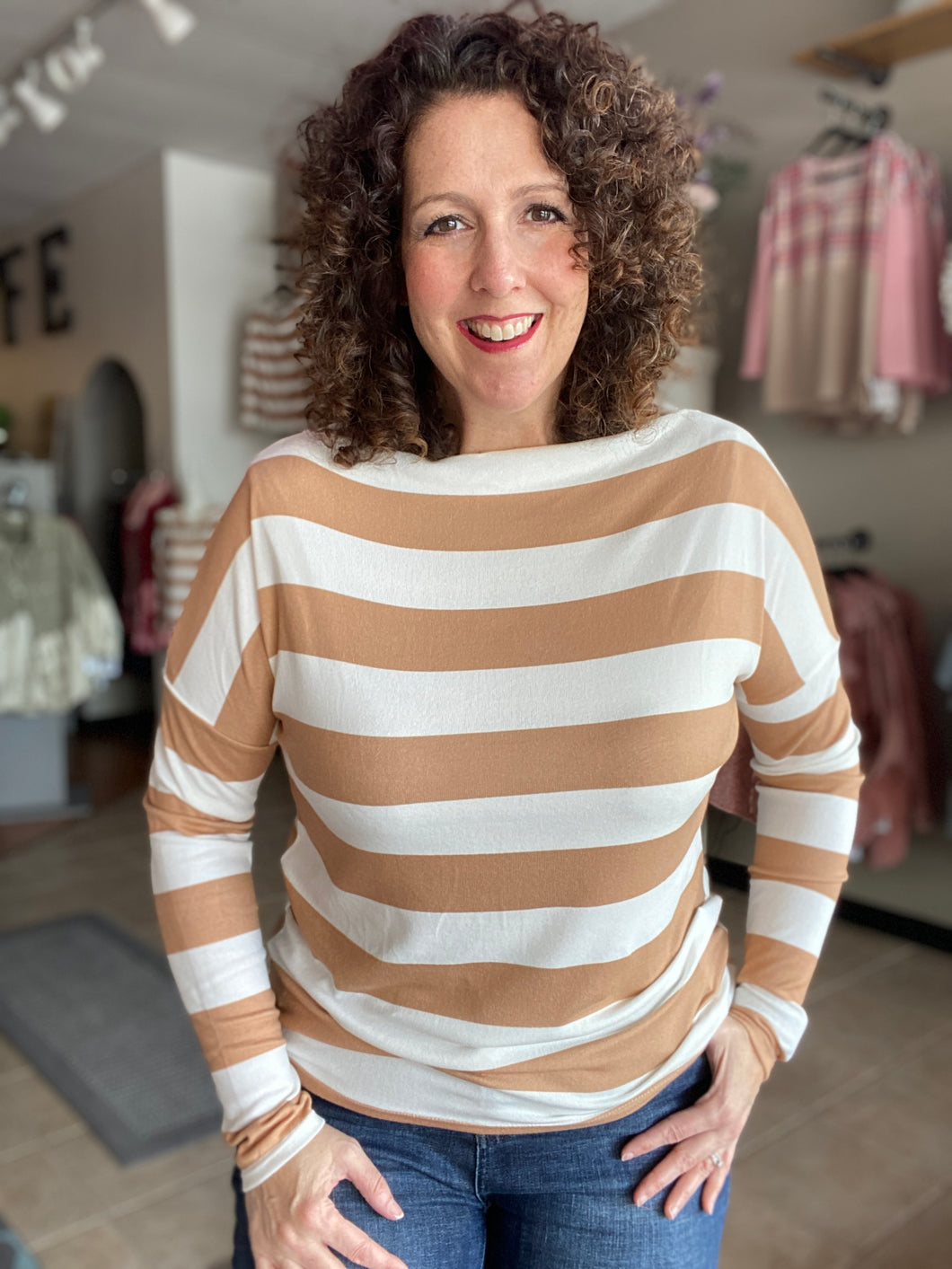 Striped Boatneck Top with Thumbhole Sleeves
