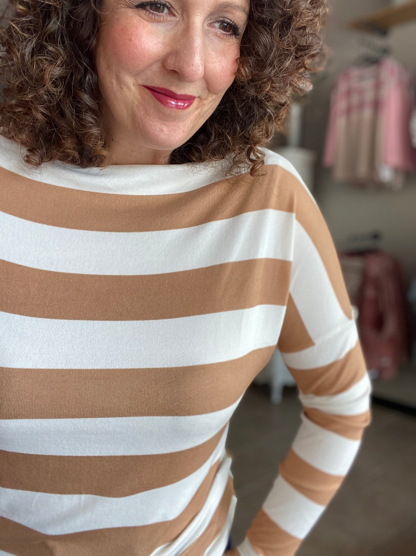 Striped Boatneck Top with Thumbhole Sleeves