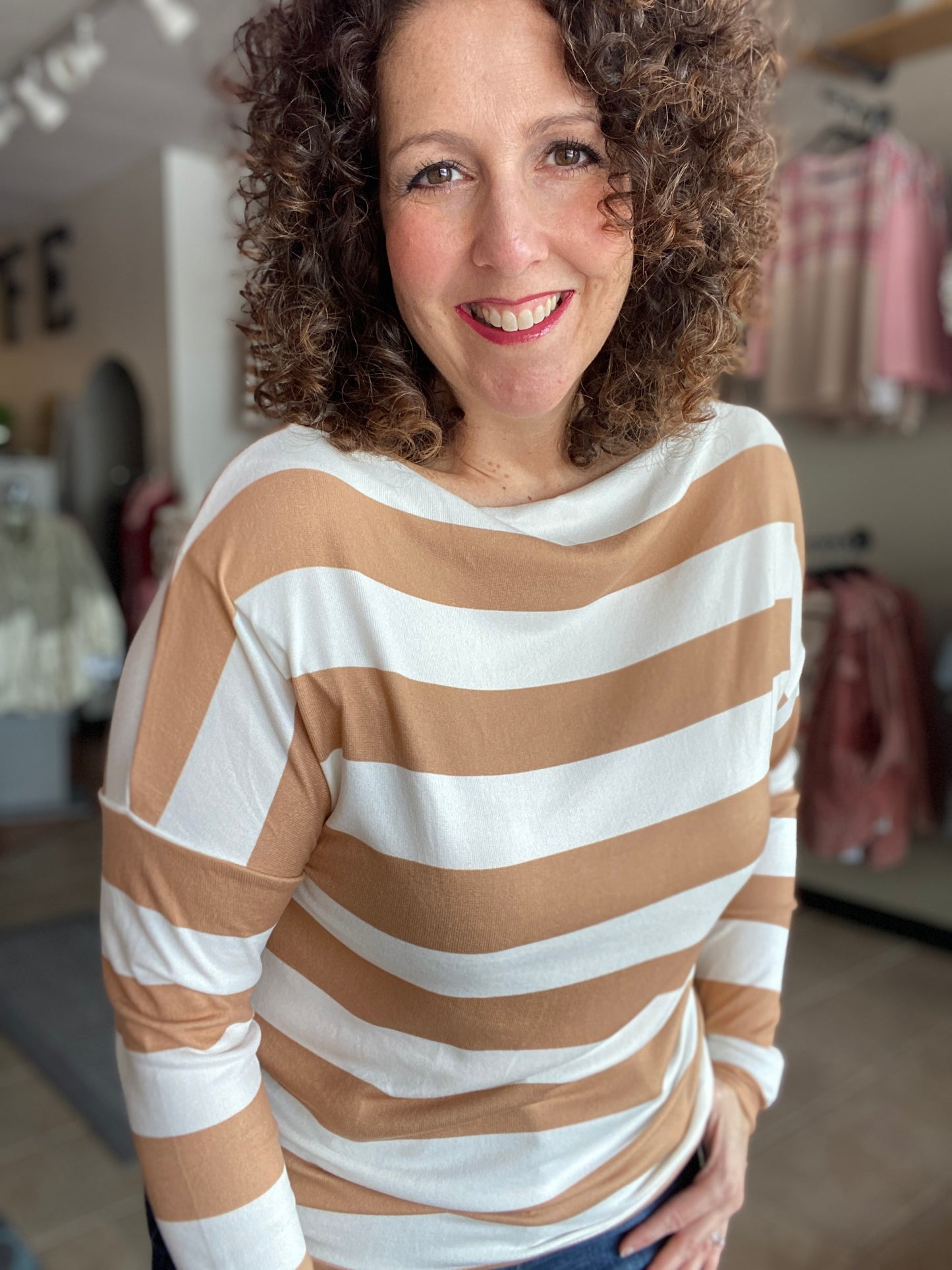 Striped Boatneck Top with Thumbhole Sleeves