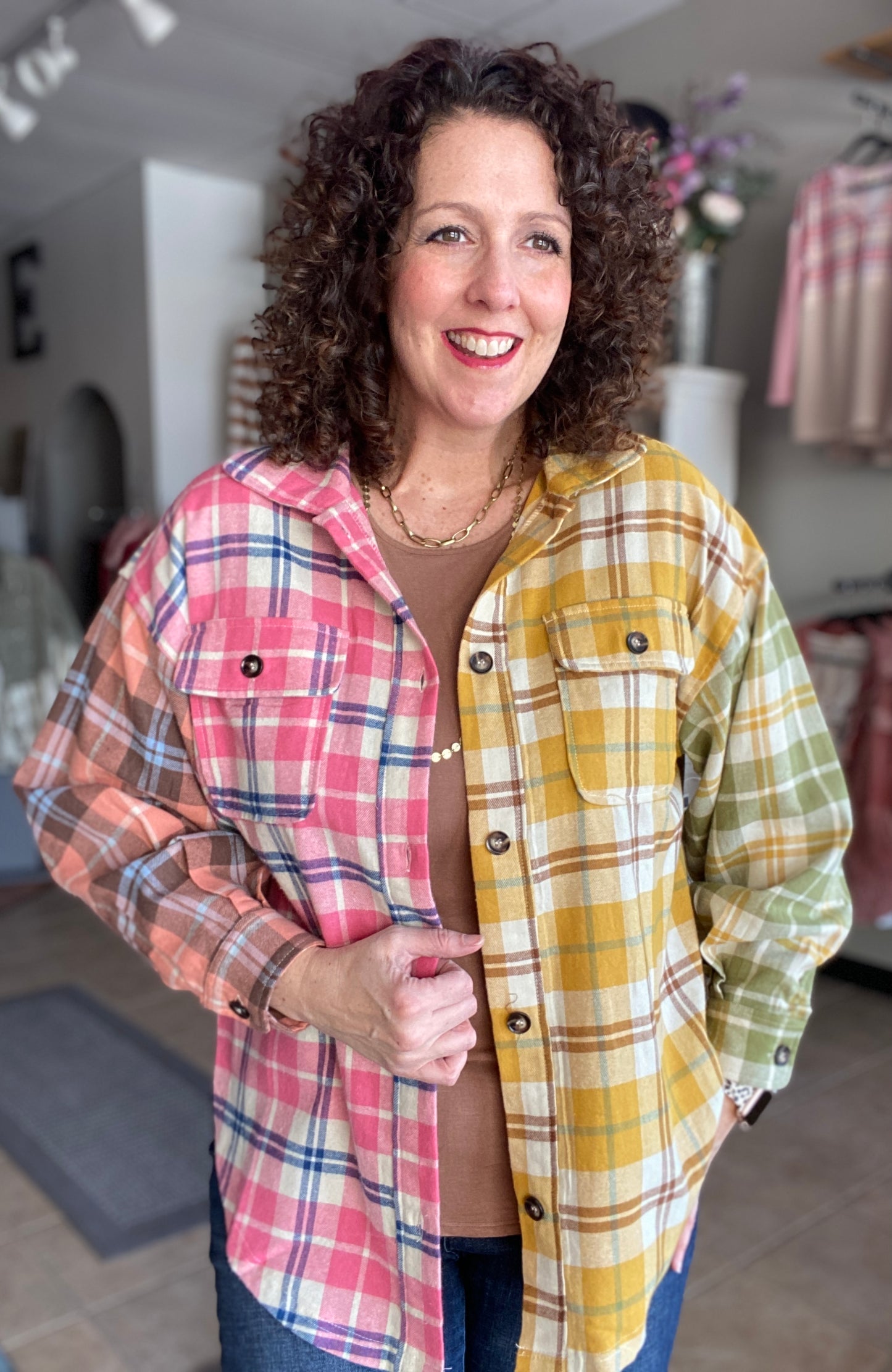 Shabby Mixed Plaid Button Down Top