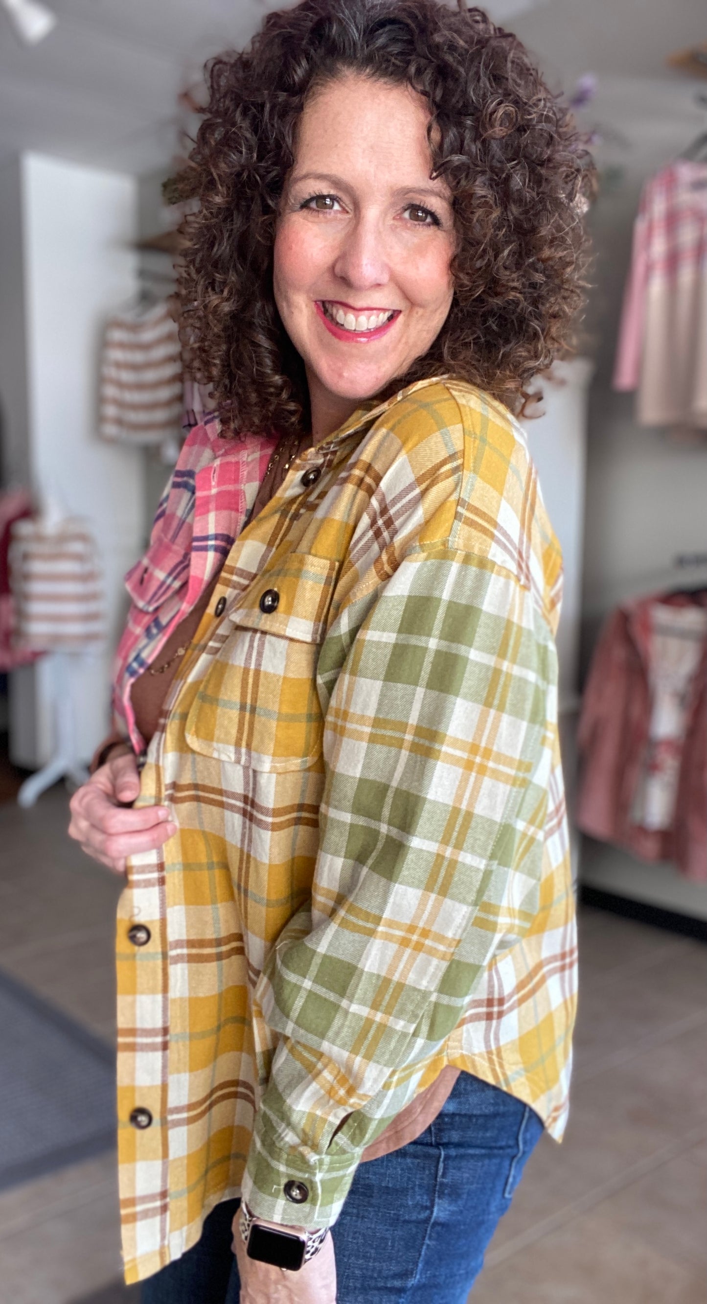 Shabby Mixed Plaid Button Down Top