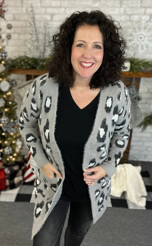 Eyelash Leopard Cardigan with Pockets