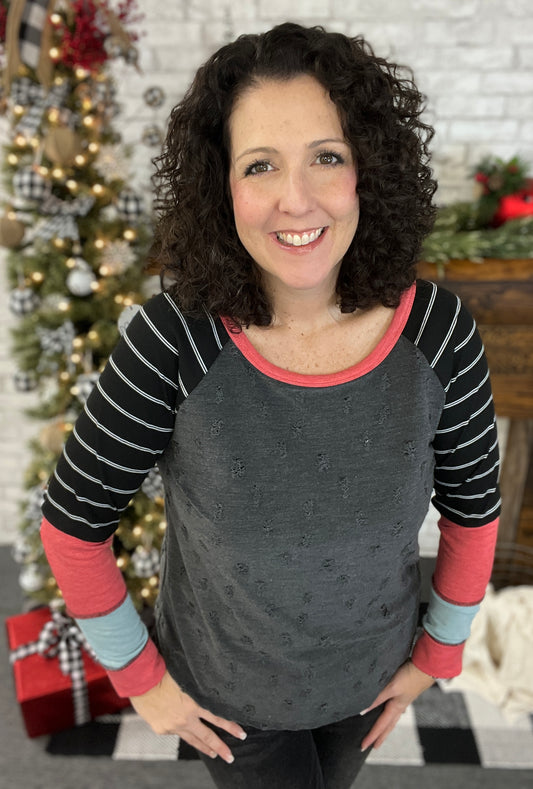 Distressed Body Top with Multi Sleeves